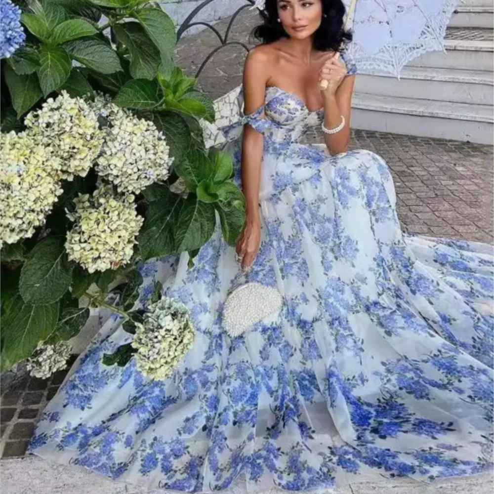 

Elegant Party Sleeveless Oversized Dress New Spring Summer Off Shoulder Women's Fashion Printed Organza Long Evening Gown