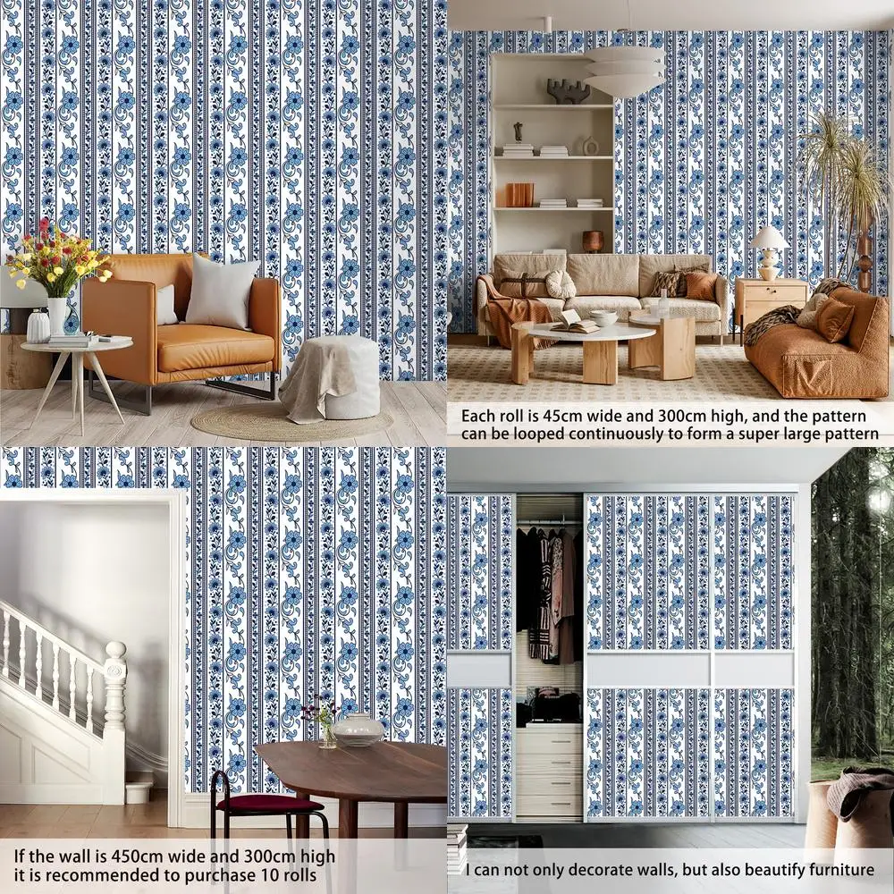 

Floral Blue and White Porcelain Style Waterproof Moisture Resistant Self Adhesive Wallpaper for Living Room Bedroom Home Decor