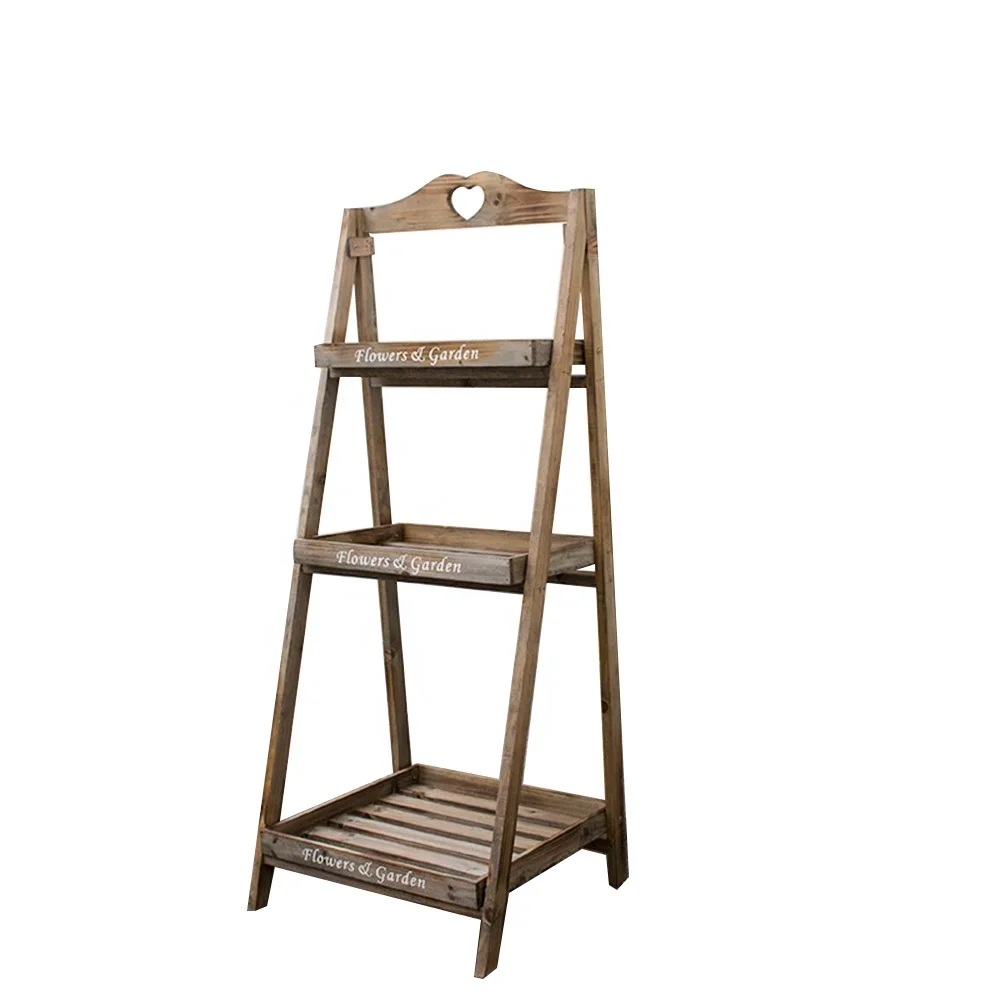 Wood Ladder Plant Stand 3-Tier Flower Display Shelf Rack For Home Patio Lawn Garden Retro Idyllic Planter Stand