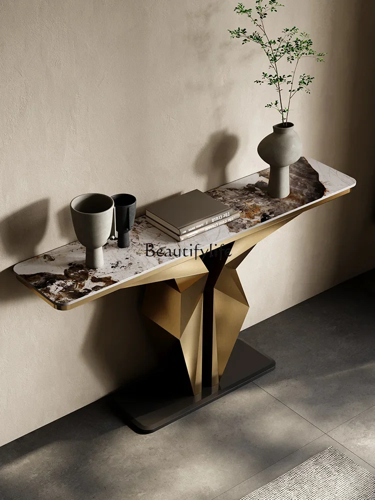 Light luxury entrance stainless steel integrated wall strip slate entrance table