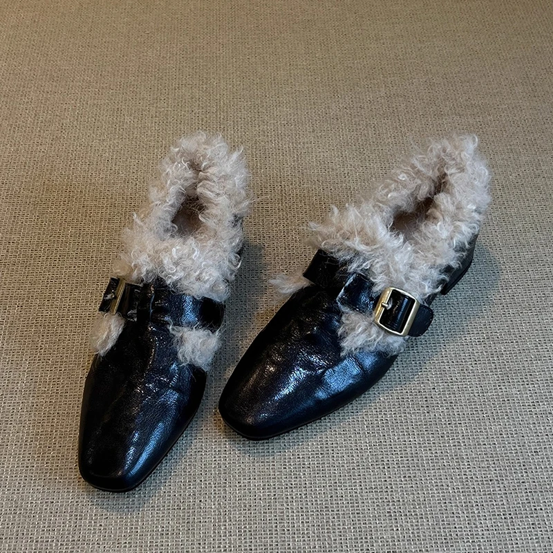 

High Heels Fur Women Shoes Elegant Chunky Leather Shoes New Woman Pumps 2025 Winter Warm Plush Loafers Shoes Mujer De Zapatos