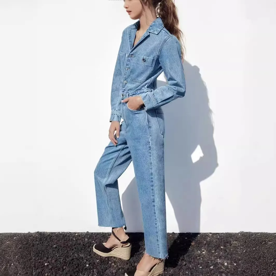 Jumpsuit Denim satu potong untuk wanita, jumpsuit wanita Lengan penuh kerah lipat Slim Fit pinggang ketat kaki lebar celana panjang overall kasual