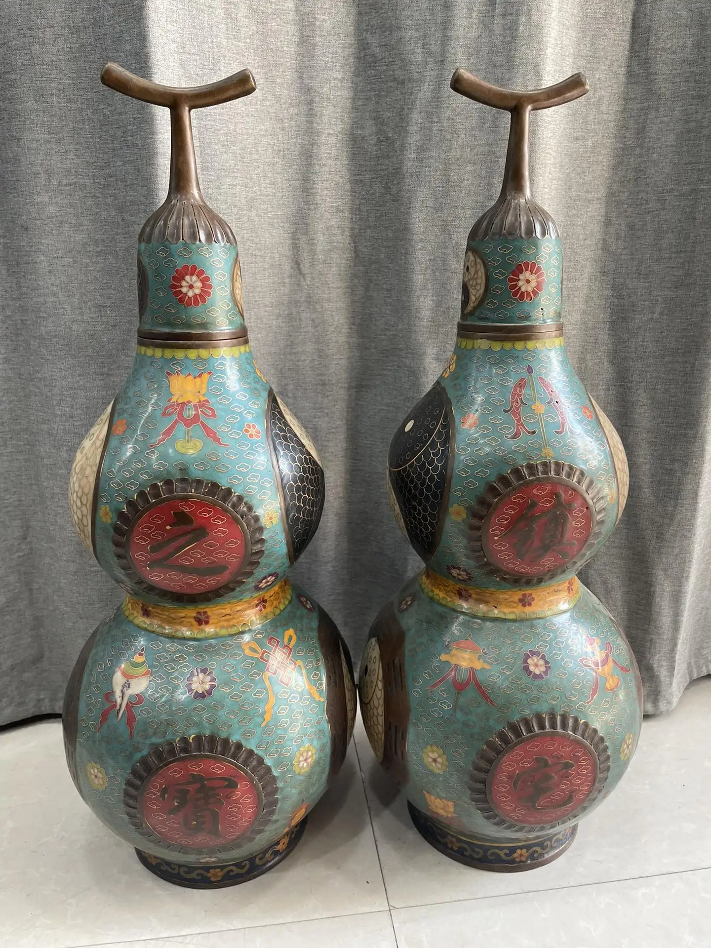 

23"Tibetan Temple Collection Old Bronze Cloisonne Enamel Mandarin duck Pattern Town house Gourd A Pair Amass wealth Ornaments