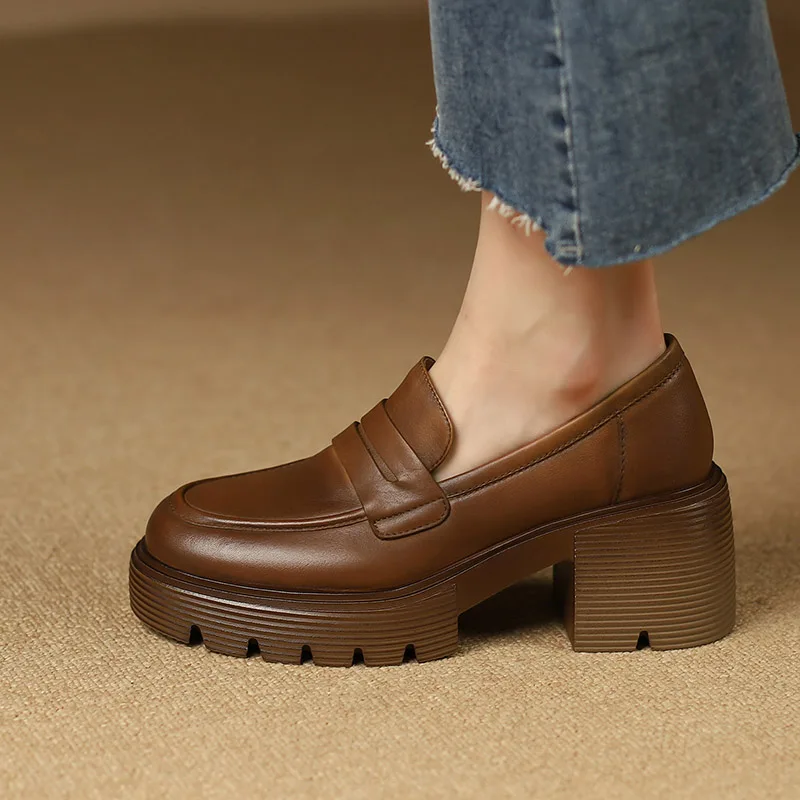 

Phoentin Platform chunky high Heels retro Loafers Genuine leather Woman Spring 2024 Casual Shoes 7cm slip-on brown pumps FT3178