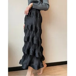 Women Miyake A-line Kirts Korean Fashion Elastic Waist Solid Color Skirt Loose Waist For  Summer Female Fashion Long Kirts