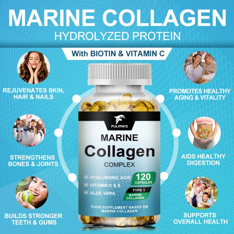 Marine Collagen with Collagen Type 1 & 3 and Hyaluronic Acid, With Hydrolyzed Collagen, Skin Health Supplement, 60/120 Capsules