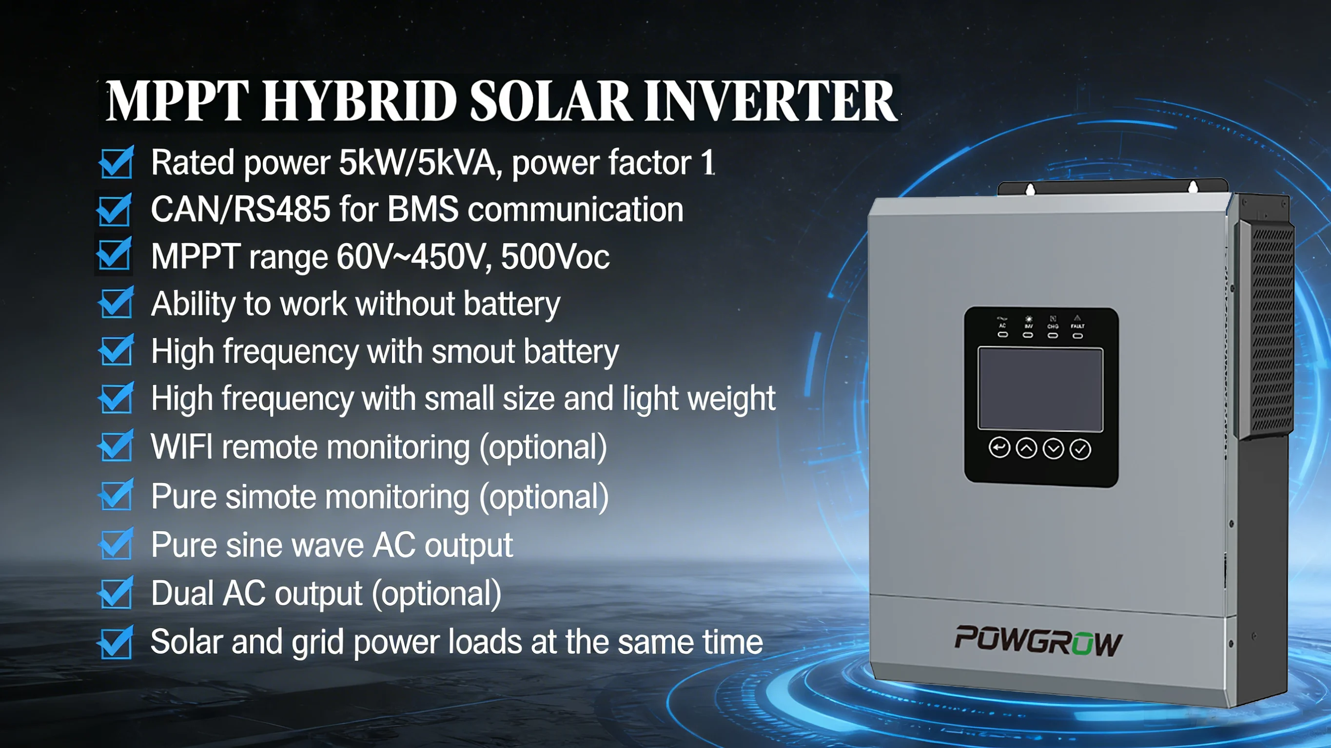 POWGROW 5KW 24V Hybrid-Solarwechselrichter Reine Sinuswelle 230VAC Wechselrichter PV-Eingang 500VDC mit Doppelausgang Inklusive Wi-Fi-Modul – Detail 3
