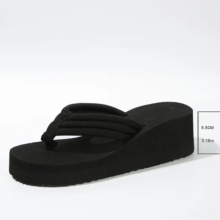 2026 women's new high-heeled thick soled flip flops, women's height increasing beach flip flops sloping heels