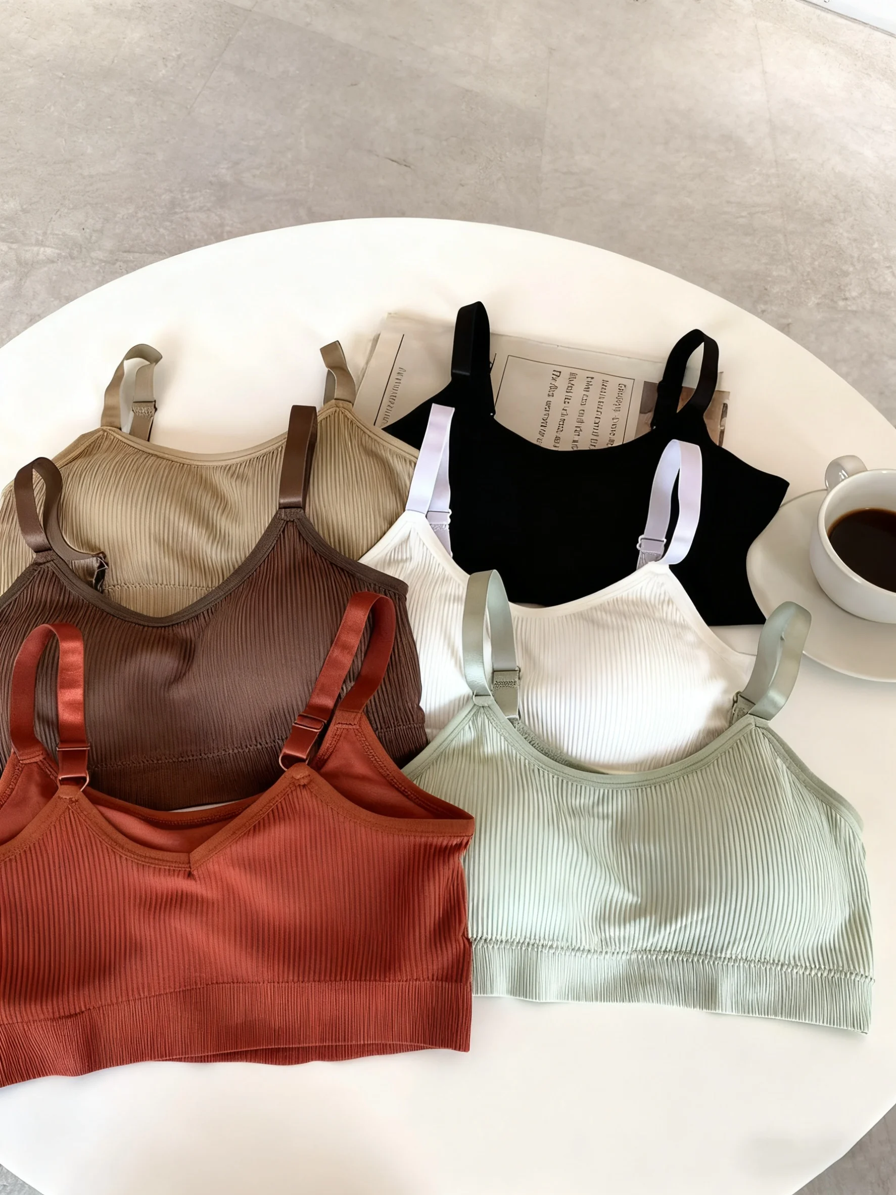 Women Ribbed Camisole Sports Bra 4PCS Random Color Set Wire Free Adjustable Strap Seamless Comfort Cami Top for Daily Wear image 6