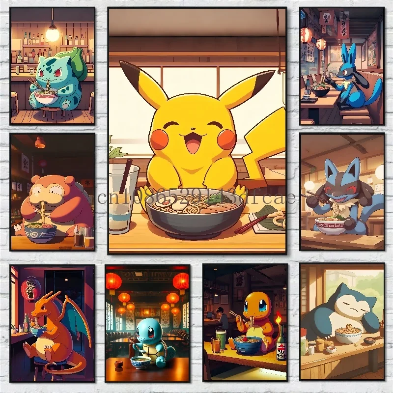 

Classic Anime Pokemon Poster Pikachu Bulbasaur Wall Art Canvas Painting Modern Dining Noodle Shop Room Room Decorate Picture