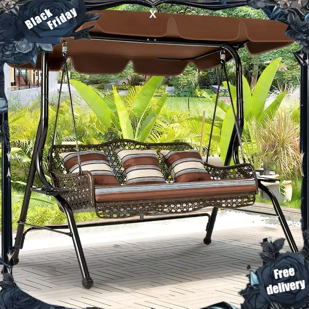 3-Seat Proch Swing Chair, Patio Swings with Canopy, 2 Side Trays, 3 Pillows & Removable Cushion, Patio Wicker Swing