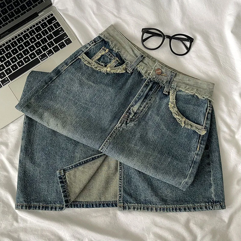 

Джинсовая юбка-миди трапециевидной формы с высокой талией для женщин, весенний новый дизайн, рваный подол, корейский Sle, чистый цвет, пуговицы