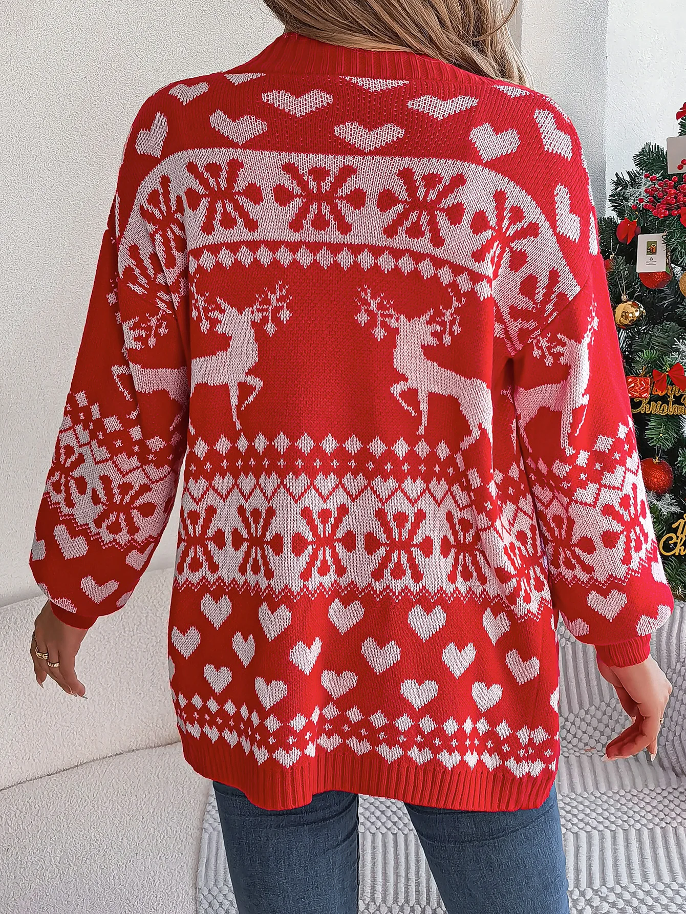 Women Ugly Christmas Cardigan Sweater 3D Christmas Reindeer Snowflakes Hearts Print Long Sleeve Open Front Knit Cardigan