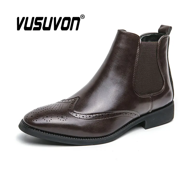 Fashion Men Chelsea Boots Leather Dress Casual Shoe Motorcycle Black Winter Brogue For Party Business Big Size 38-46