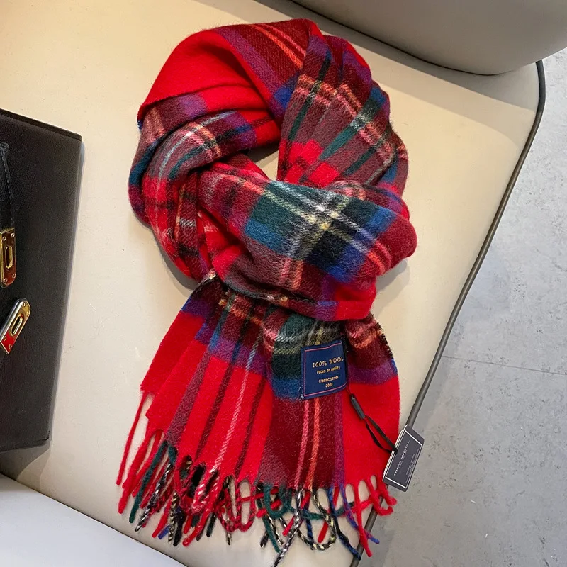 FNew Year's Red 100% Wool Versatile Plaid Scarf Women's Winter Men's Couple Cashmere Warm Double sided Neck