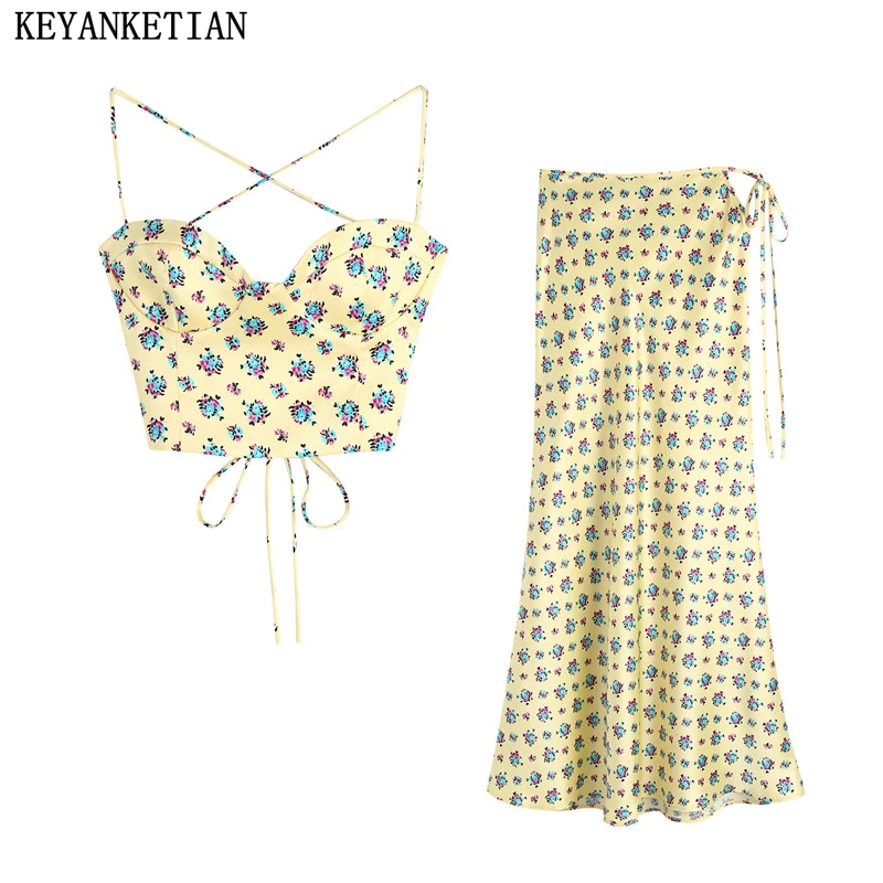 

KEYANKETIAN Women's Fashion New Short Printed Sling Top Sexy Backless Lace Up Women's Chic Tops Silk Satin Textured Skirt Set