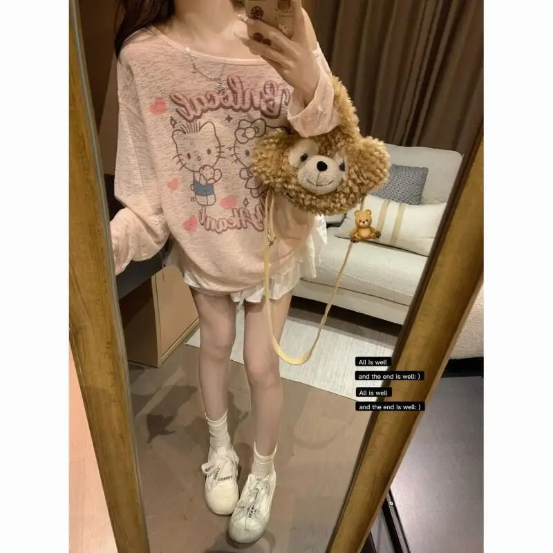 Новая летняя футболка Hello Kitty с открытыми плечами, с длинными рукавами, для защиты от солнца, модный милый топ для девушек, тонкая женская накидка