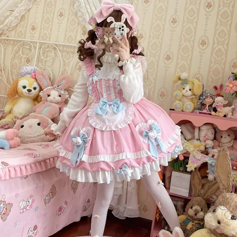 Doce Lolita Jsk Pequeno Vestido de Coelho para Mulheres, Vestido Japonês, Mini Vestido de Festa de Chá, Bonito, Kawaii