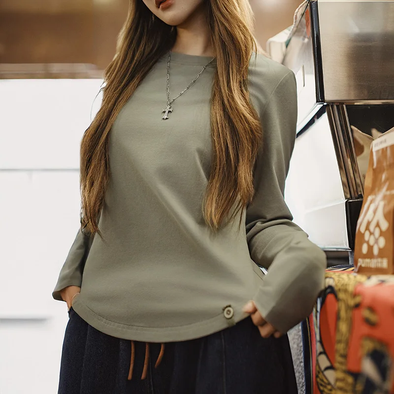 

Maden Women’s Slim Fit Cotton Long Sleeve T-shirt Crewneck Soft Knit Solid Color Tops Base Layer Everyday Tee for Autumn Winter