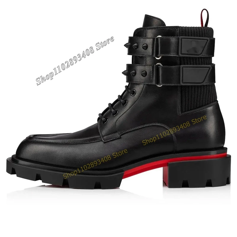 Black Cross Tied Rivet Decor Men Boots Buckle Strap Side Zipper Flat with Leather Lace up Round Toe 2023 New Zapatillas Mujer