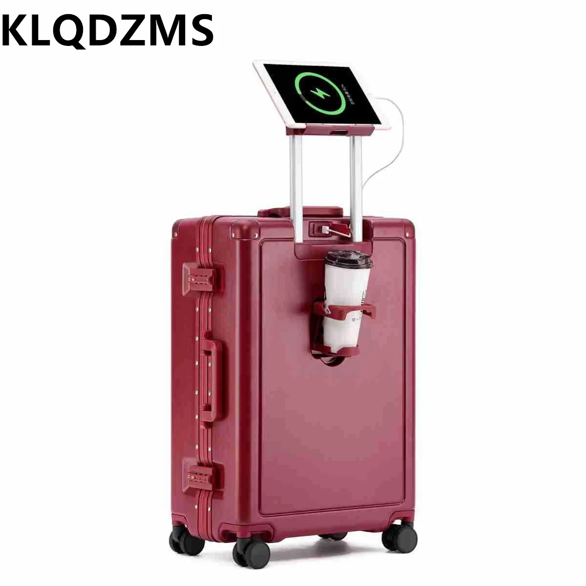 

KLQDZMS USB Charging Suitcase 20"24"26 Inch Aluminum Frame Boarding Box with Cup Holder PC Trolley Case Silent Wheel Suitcase