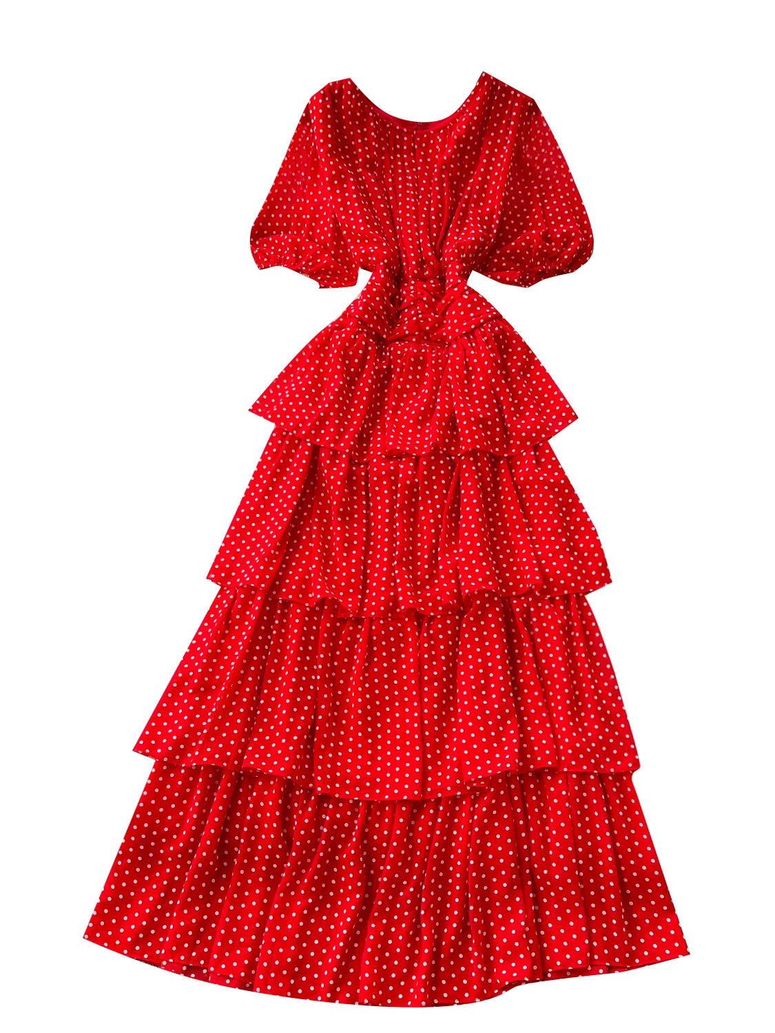 Vestido E F 2025 Verão Cintura Ajustada Manga Bufante Bolinhas Camadas Bolo Longo Estilo Coreano Cintura Alta