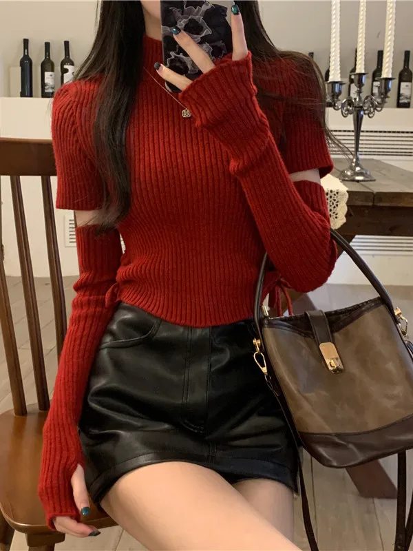 

Ankela Red Design Sense f High Ne Knitted Sweater Women's Autumn Winter Faionable Inner Wear Svel Pure Desire Top