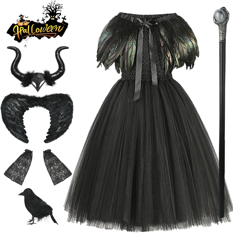 Disney disfraz de maléfica para Halloween, Vestido de maléfica para niños, fiesta de Halloween, Vestido negro