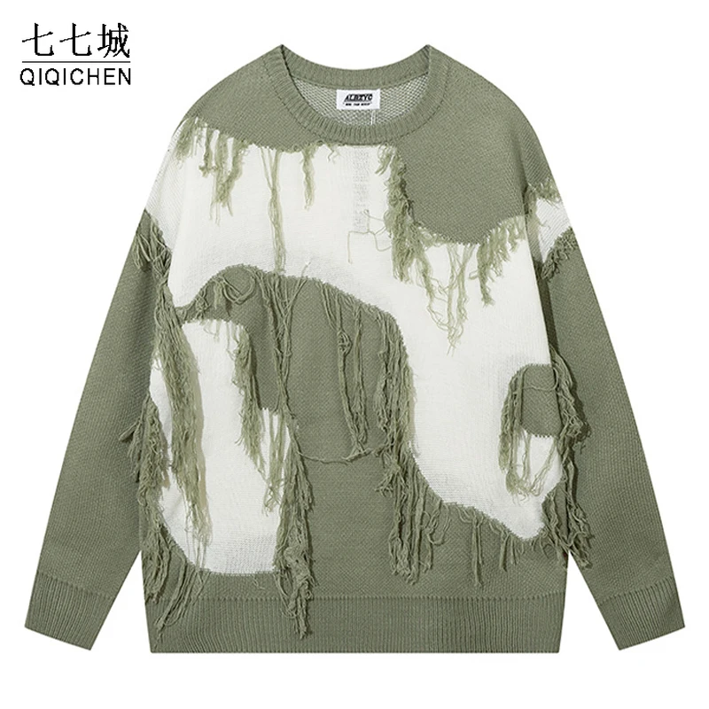 

Autumn Sweaters Knitted Pullover Men Hip Hop Color Block Tassels Oversized Sweater Casual Loose Jumpers Unisex Streetwear Winter