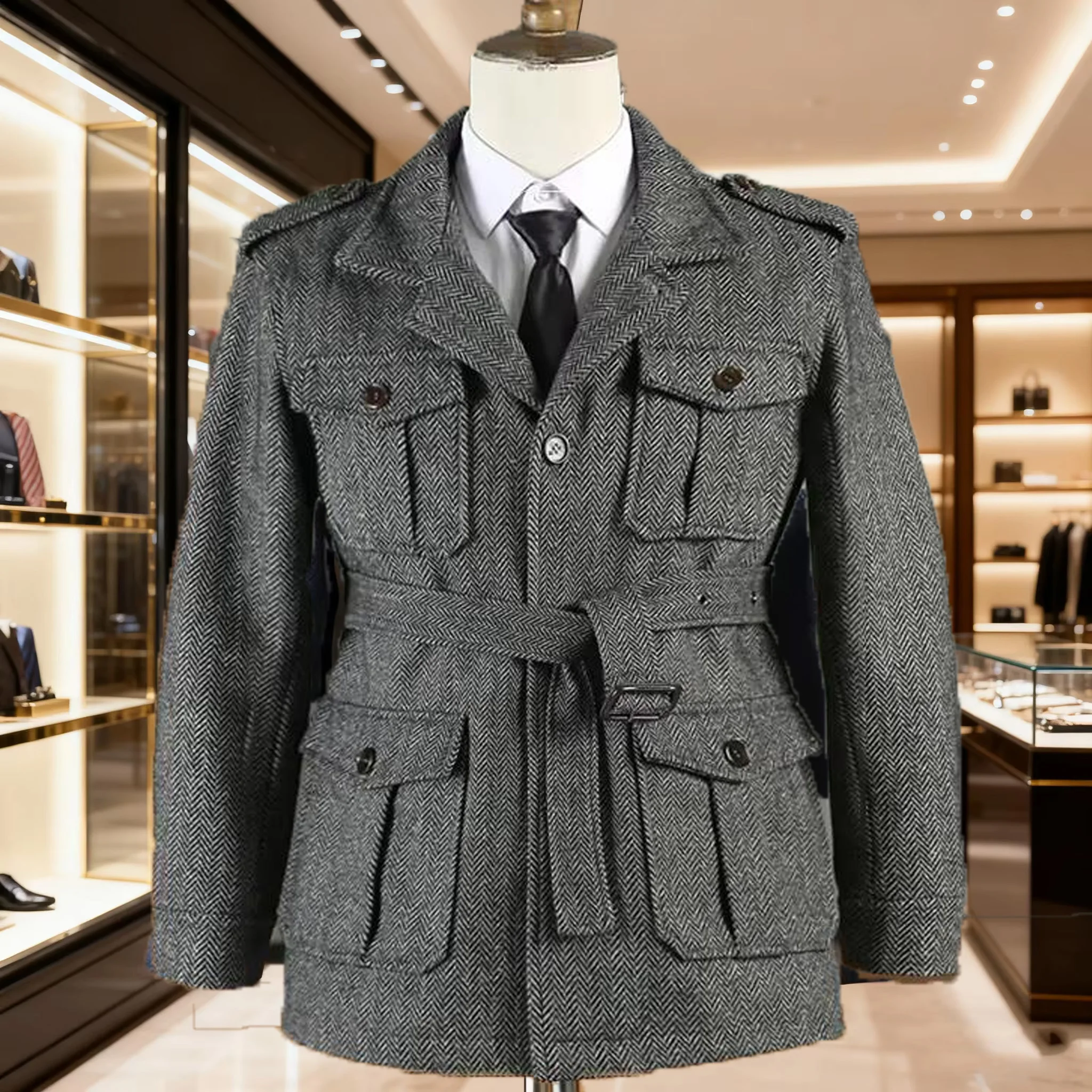 

Men's Vintage Herringbone Tweed Blazer British Wool Blend Double Breasted Lightweight Casual Sport Coat Formal Jacket