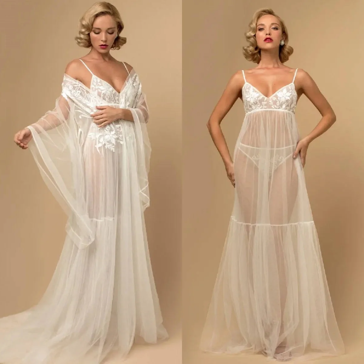 Cswdocy White Bridal Wrap Lace Robes Long Floor Length Sheer Women Dresses Photo shoot Maternity Dressing Gowns for Photography