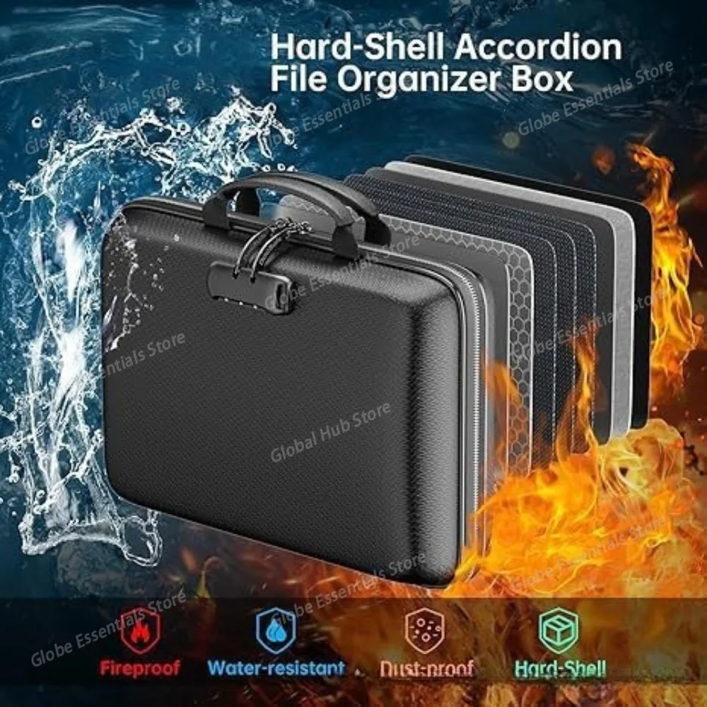 Accordion Pocket Fireproof Document Box Waterproof Expanding Design Accordion File Folder Hard-Shell Comfortable Handle