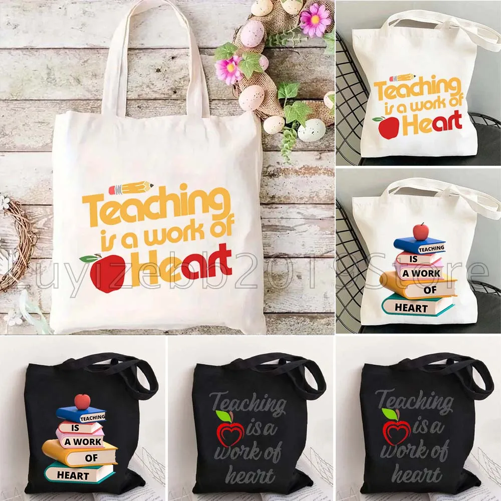 التدريس هو عمل القلب هدايا لطيف المرأة قماش حقيبة كتف حقيبة يد Harajuku المتسوق قابلة لإعادة الاستخدام أكياس التسوق القابلة للطي