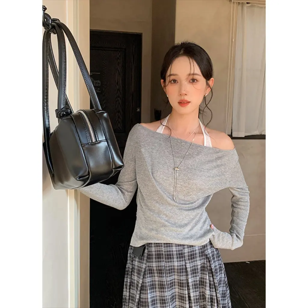 

Elegant Romantic Style Women's Knitted Long Sleeve One-Shoulder Neckline Silk Blend Open Cardigan For Autumn Season