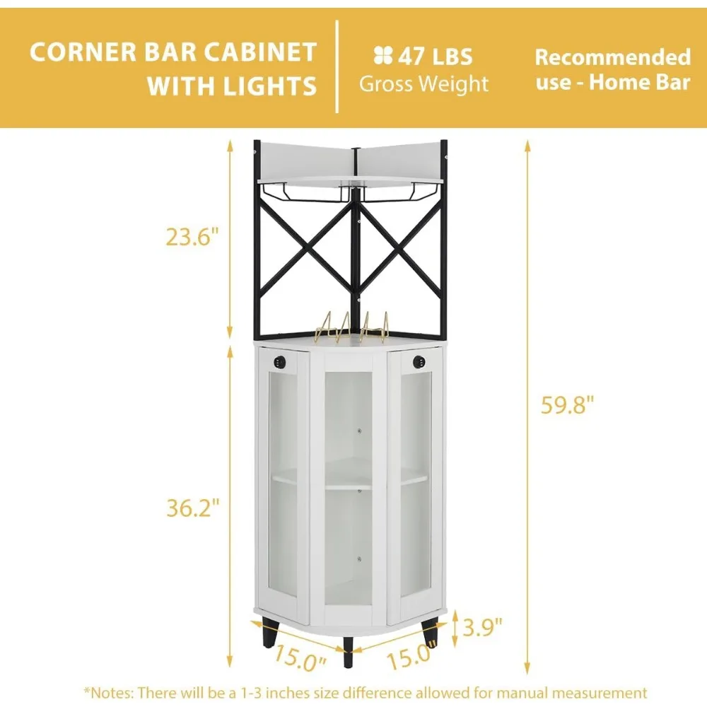 

"Corner Wine Cabinet - Lockable Glass Door w/ LED Light, 4-Tier Farmhouse Bar Unit"