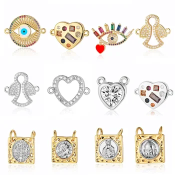 하트 엔젤 아이 크라운 황동 큐빅 지르콘 커넥터 여신 프랑스 남자 머리 참 팔찌, DIY 쥬얼리 제작, 3 개/로트