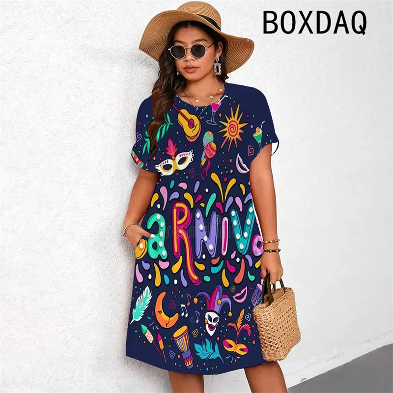 2025 New Mardi Gras Party Dress Vintage Mask Printed Evening Dress Women  Short Sleeve O-Neck Pockets A-line Dress Vestidos