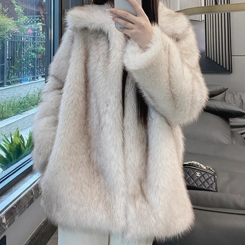 

Autumn Winter Thick Coat Warm JacketsLong Faux Fur Coat Women Large Jacket Overcoat White Turn Down Collar Pockets
