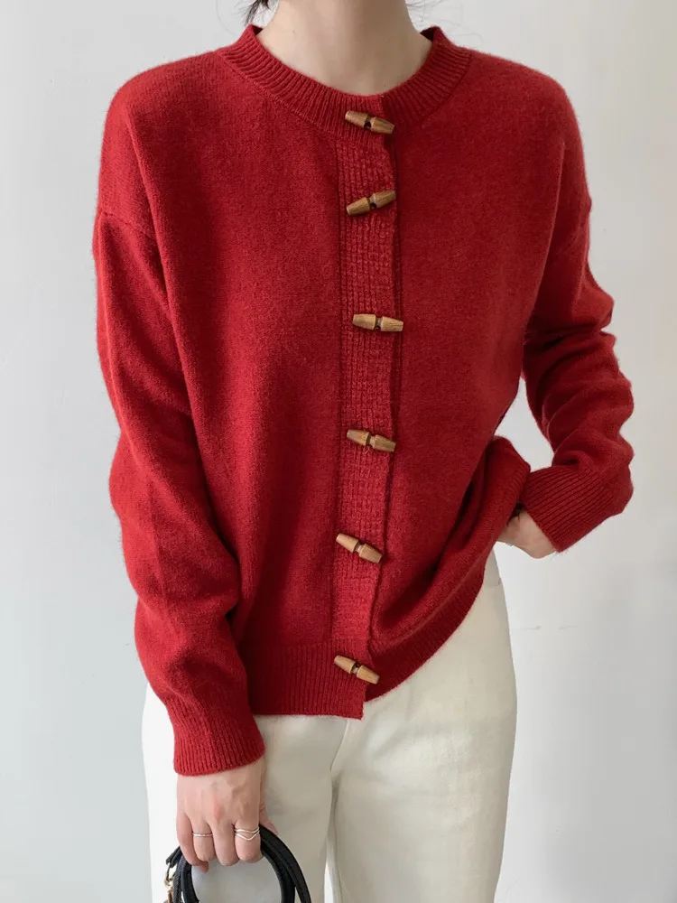 

Retro Red Knitted Long Sve Sweater Coat Women's Loose Faionable Korean Sle Lazy Sle Outerwear Spring Autumn Winter