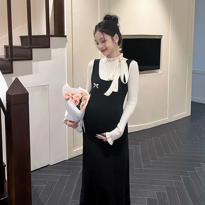 Vestido de embarazo de estilo francés, suéter de punto falso de dos capas, traje de maternidad elegante, sofisticado y cómodo, otoño
