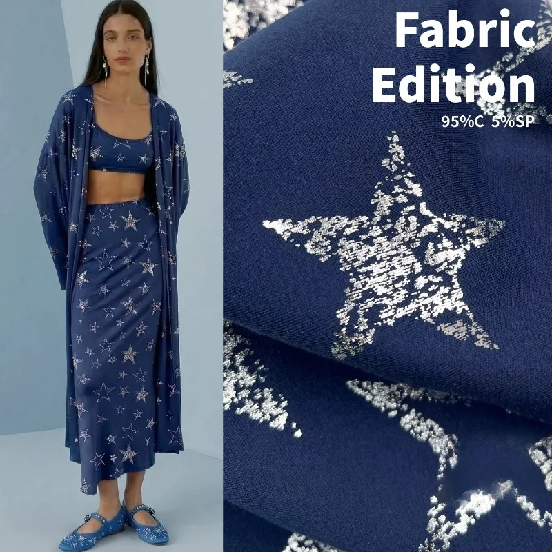 Navy Star Blue Print Cotton Fabric Premium Designer Comfortable Casual Fashionable DIY Dress T Shirt Top Sewing Accessories
