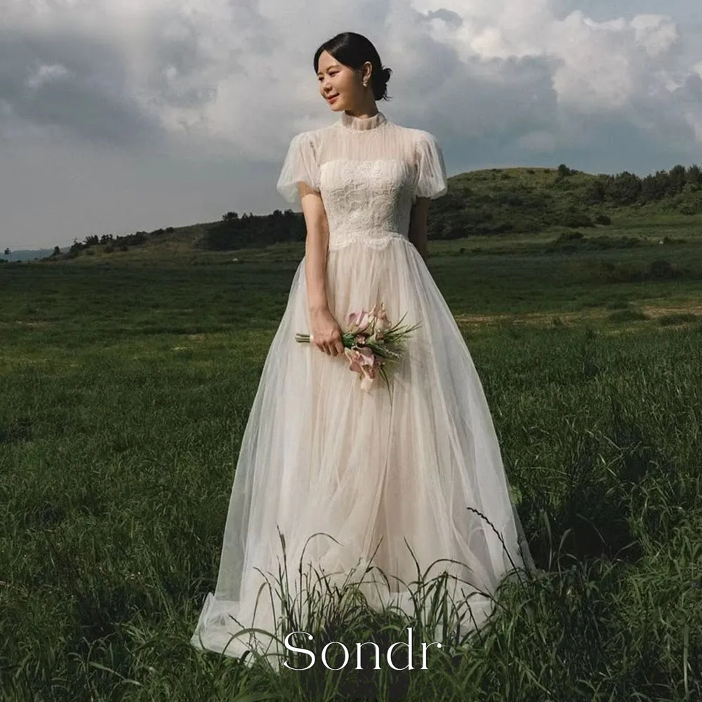 Sondr High Collar Short Sleeves Wedding Dresses Lace A-line Korea Photo Shoot Dress for Bride Elegant Sweep Train Bridal Gown