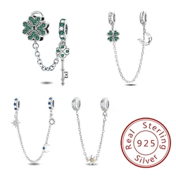 925 Sterling Silver Love Heart Four Leaf Clover Butterfly Safety Chain Fit Bracelet Charms Beads For Women DIY Jewelry