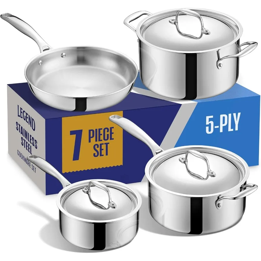 

Stainless Steel Cookware Set 5 Ply 7Piece Pot and Pan Set Induction Compatible NonToxic Best Heavy Duty 18 8 Construction Oven