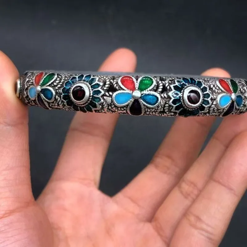 Women Retro Aged Tibetan Silver Bangle Cloisonne Enamel Hollow Filigree Gem Inlaid Ethnic Wrist Accessory