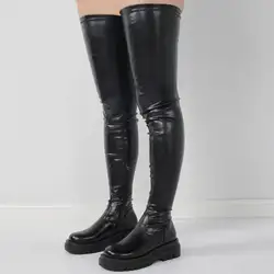 Low Heels Comfortable Platform Women's Over The Knee Boots Black Thick Sole Long Boots With Side Zip