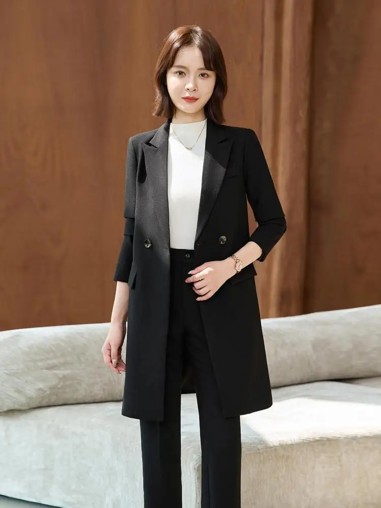 

Korean Fashion Women Khaki Elegant Workwear Blazer Coat Autumn Winter Black Beige Double Breasted Long Sleeve Slim Trench Jacket