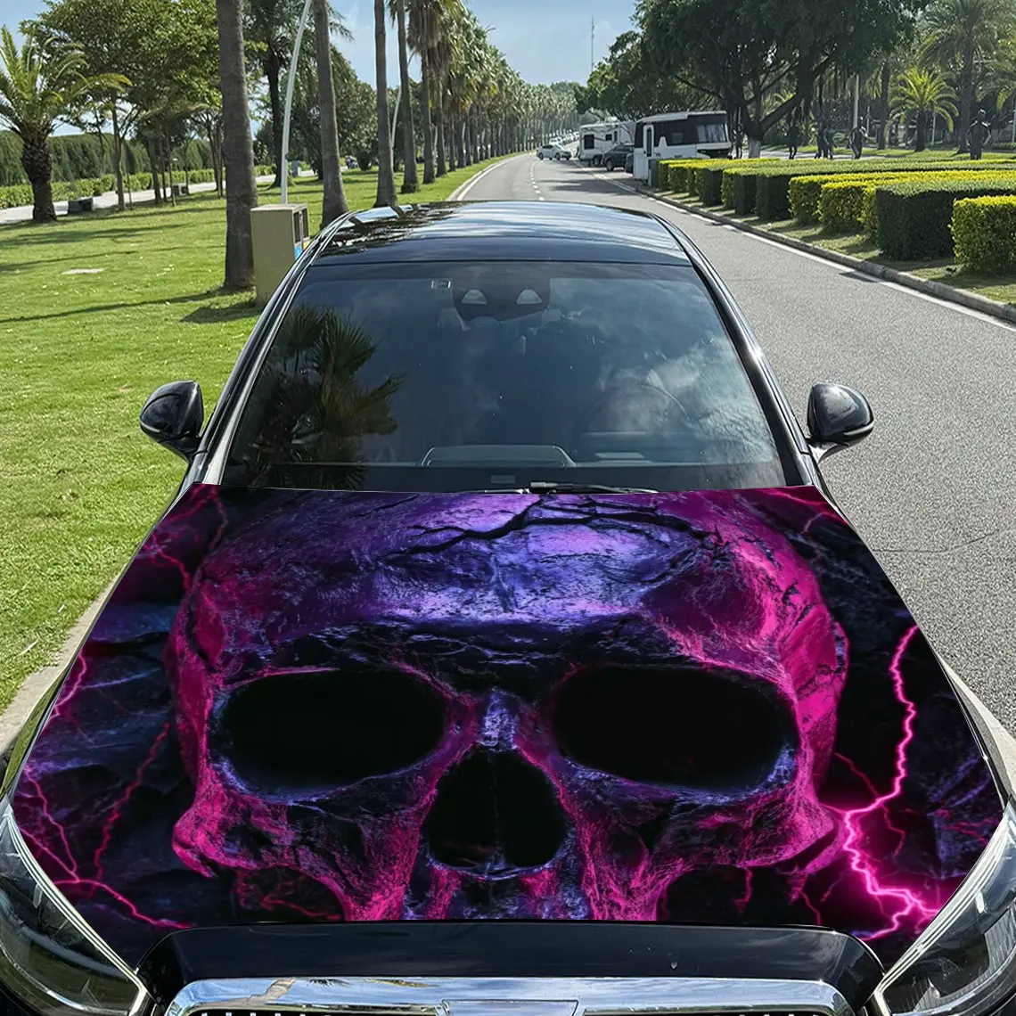 Lightning Crack Skull Car Hood Stickers,Durable PVC Vinyl Packaging,Enhanced Protection And Style,Easy To Apply And Disassemble,