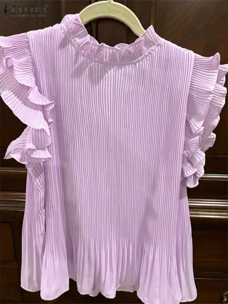 ZANZEA hauts à la mode 2025 femmes été col montant chemisier à volants à manches courtes décontracté solide Blusas bureau dame chemises élégantes