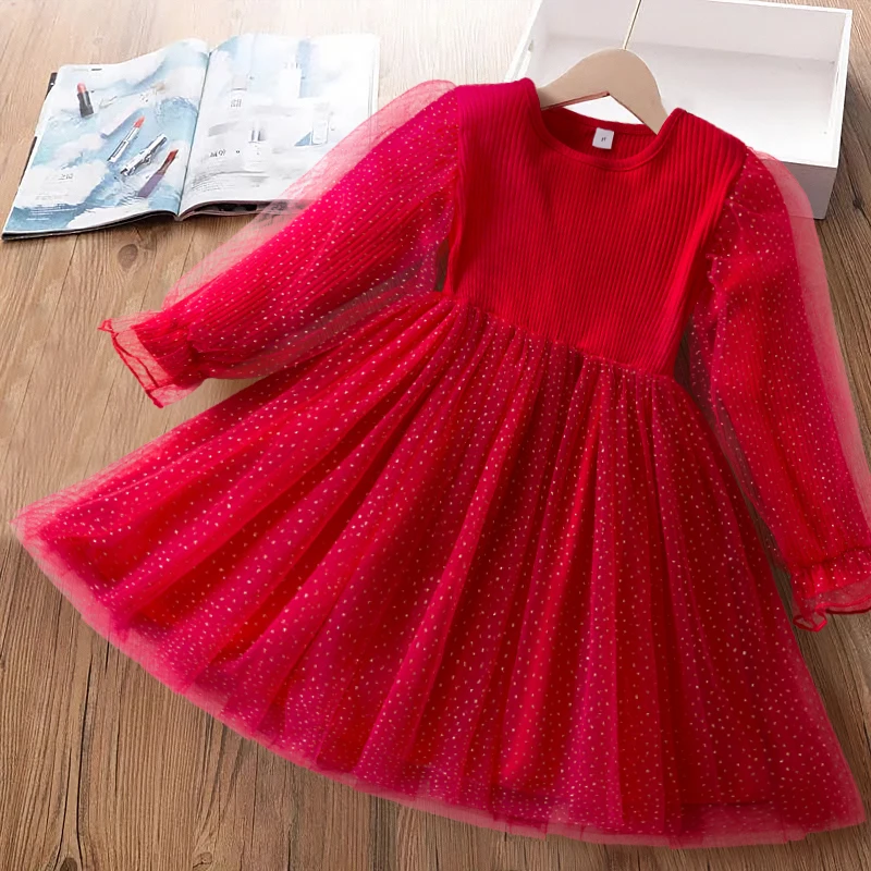 Long Sleeve Girls Autumn Winter Dress for 3-8Yrs 2025 New Knitted Mesh Warm Outfits Christmas Party Dress for Girls Kids Costume